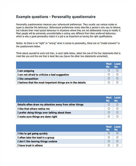 Personality Questionnaire 6 Examples Format Pdf Examples