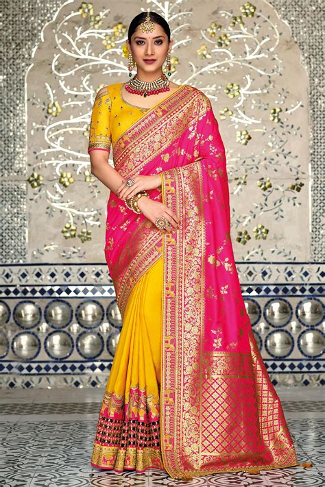 Buy Yellow And Pink Banarasi Silk Saree Online Like A Diva