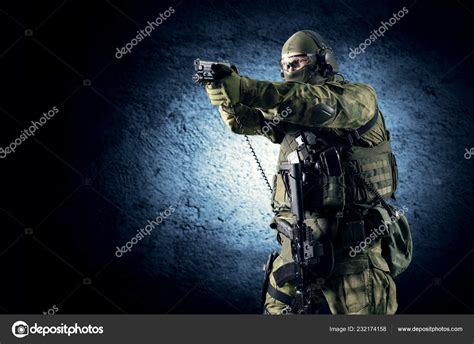 Special Unit Soldier Stands Pistol His Hands Aims Target Mixed Stock