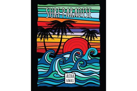 Vintage Hawaii Aloha Surf Graphic With Ocean Waves And Palm