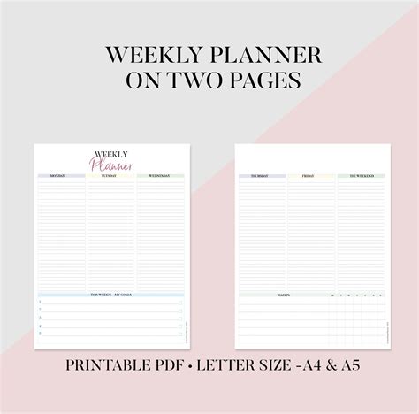 Weekly Digital Planner on Two Pages, Printable Weekly Organizer, Blank Weekly Planner, Weekly 