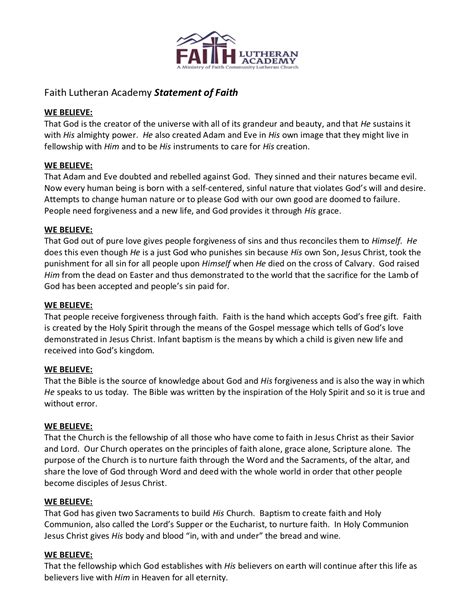 Statement Of Faith Faith Lutheran Academy