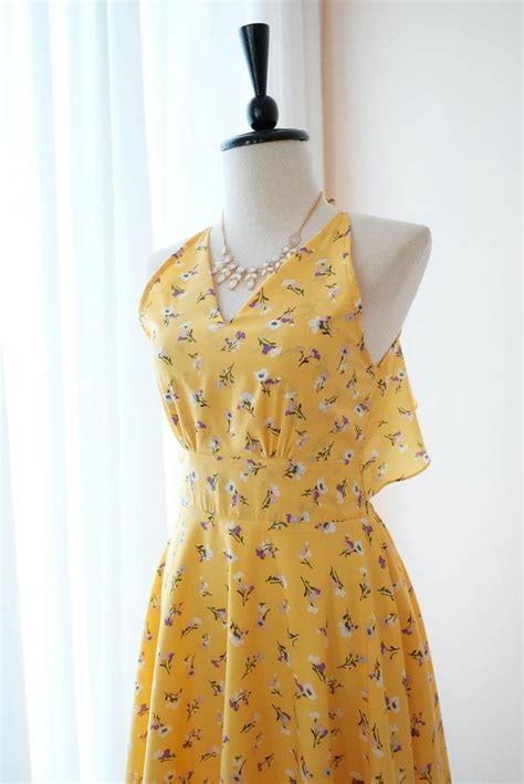 Yellow Dress Floral Yellow Bridesmaid Dress Mid Length Etsy Backless Homecoming Dresses
