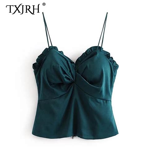 txjrh sexy chest tied knot ruffles camis spaghetti strap backless off the shoulder deep v neck