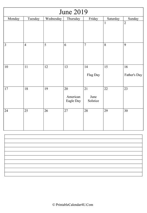 Printable June Calendar 2019 With Notes Portrait