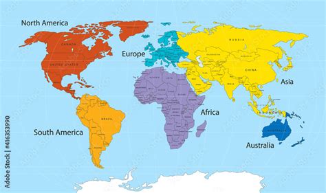 World Map Divided Into Six Continents In Different Color World Map 6