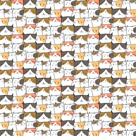 Hand Drawn Cute Cats Vector Pattern Background Doodle Funny Handmade