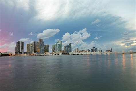 Miami City Skyline Panorama At Dusk Editorial Photo Image Of Night