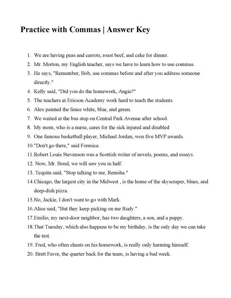 Weekly Grammar Worksheet Commas Answers