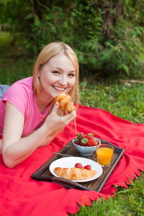 Smiling Girl Outdoor In The Park Having Picnic Stock Photo Image Of