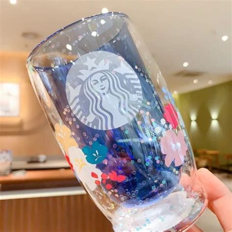 New Starbucks 2023 China Summer Double Wall Purple Glitter Glass Mug