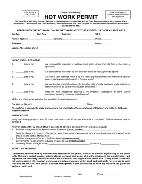 Free Printable Hot Work Permit Form