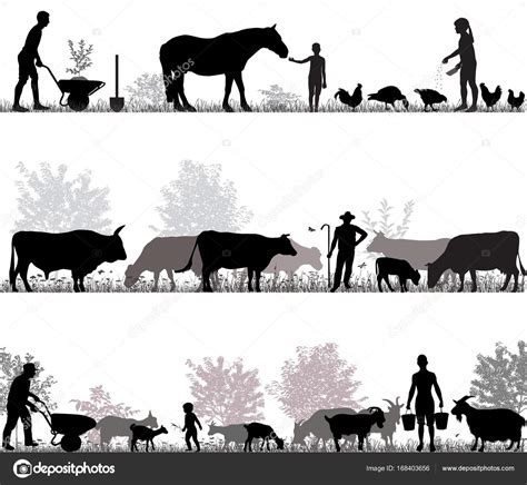 Silhouettes Of Farmers At Work And Farm Animals Stock Vector Image By