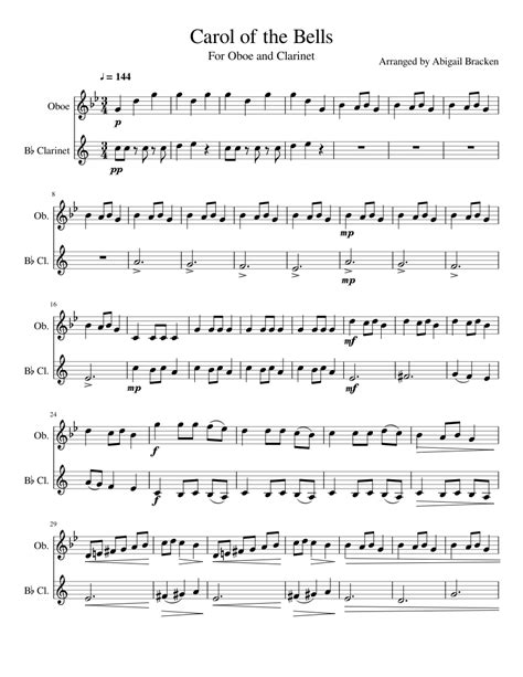 Carol Of The Bells Sheet Music For Clarinet Oboe Download Free In