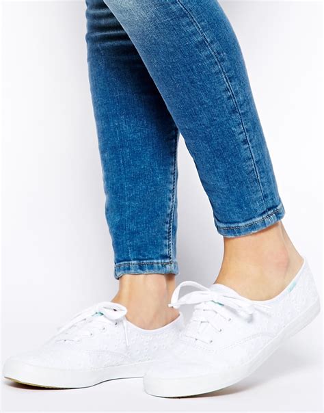 keds champion eyelet white embroidered plimsoll trainers in white lyst