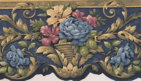 Wallpaper Border Blue Red Yellow Flowers In Pots Victorian Wall