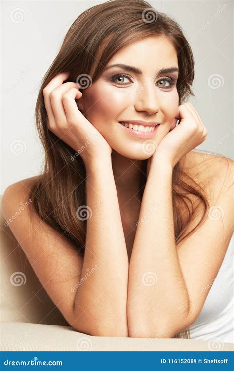 Portrait Of Smiling Woman Sitting On Sofa Stock Image Image Of Indoor Cute 116152089