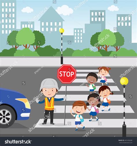 Traffic Guard Helping School Kids Crossing Stock Vector Royalty Free
