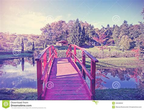 Vintage Picture Of Red Bridge In Garden Stock Image Image Of