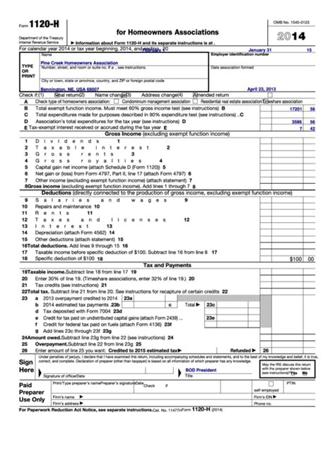 Fillable Form 1120 H U S Income Tax Return For Homeowners
