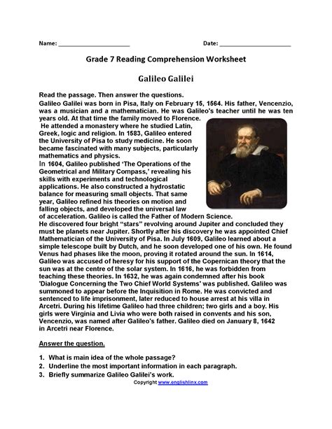 Free Printable 7th Grade Reading Comprehension Worksheets Reading