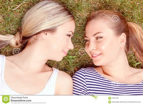 Close Up Of Lesbian Couple In Park Stock Image Image Of