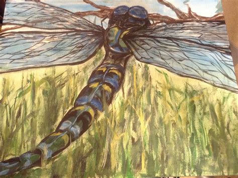 A Painting Of A Blue Dragonfly Sitting On Top Of A Green Grass Covered
