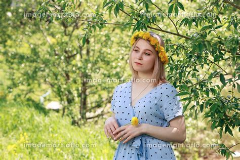 Blonde Beautiful Young Woman In Light Blue Dress And In Dandelion Wreath In The Summer Gardenの写真