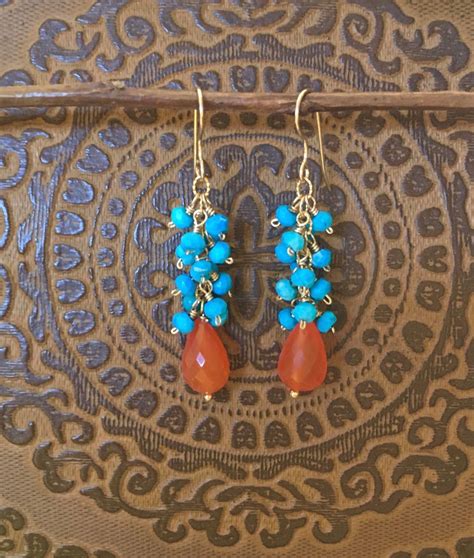 Turquoise And Carnelian Gemstone Gold Dangle Earrings Etsy Etsy