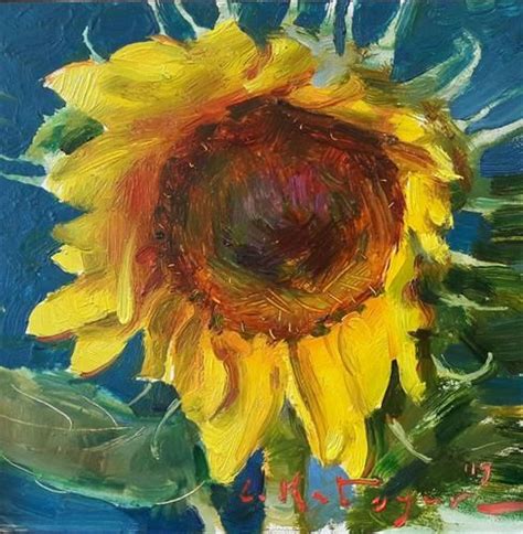 Daily Paintworks Sunflower On Aqua Original Fine Art For Sale