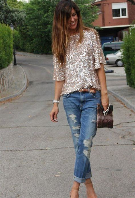 Sequins Top With Jeans Street Fashion Casual Wear T Shirt Sequin
