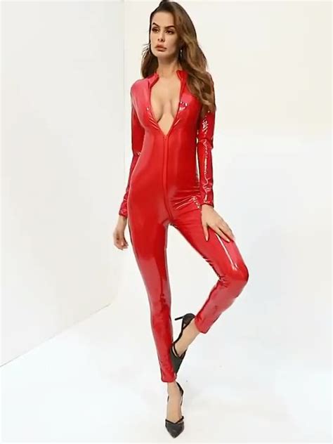 Hot New Zentai Patent Leather Bodysuit Women Sexy Jumpsuits Wet Look