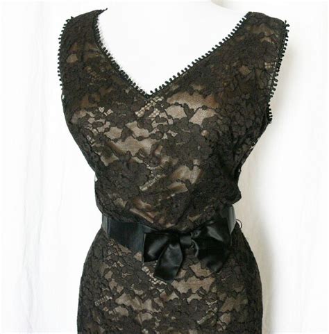 Vintage 50s Dress L Sheer Black Lace Nude Bow Belted