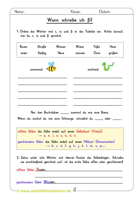 Wörter Mit ß Kostenloses Arbeitsblatt Grundschule Klasse 4 Lernen