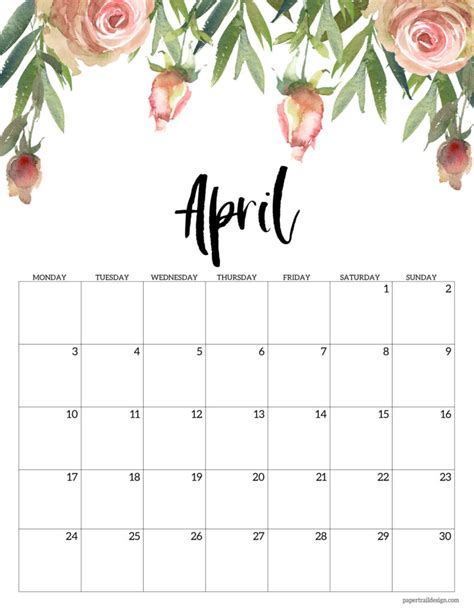 Free Printable 2023 Floral Calendar Monday Start Paper Trail Design