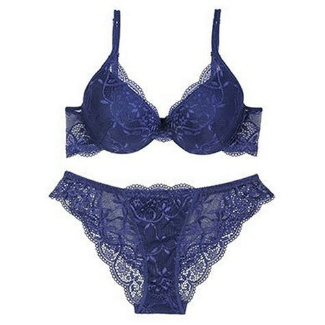 Hot Sexy Bra Set Deep V Brassiere Thick Cotton Women Underwear Set Lace Blue Embroidery Flowers