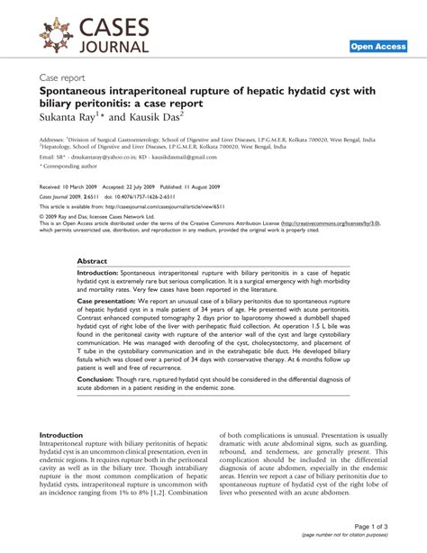 Pdf Spontaneous Intraperitoneal Rupture Of Hepatic Hydatid Cyst With