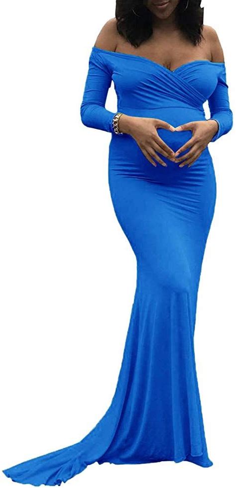 Saslax Maternity Elegant Fitted Maternity Gown Long Sleeve Slim Fit Maxi Photography Dress Royal