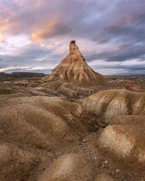 Bardenas Reales Desert In Navarra Region Vertical Panorama At Sunset In