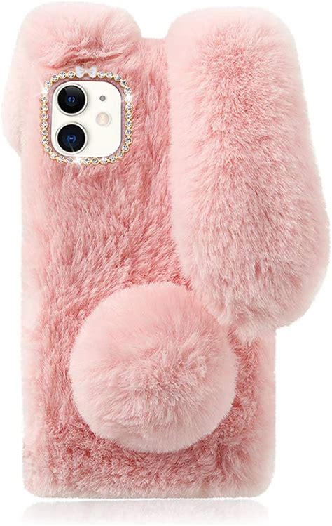 mikikit cute cover fluffy bunny case for apple iphone 11 pink furry rabbit fur cover plush case