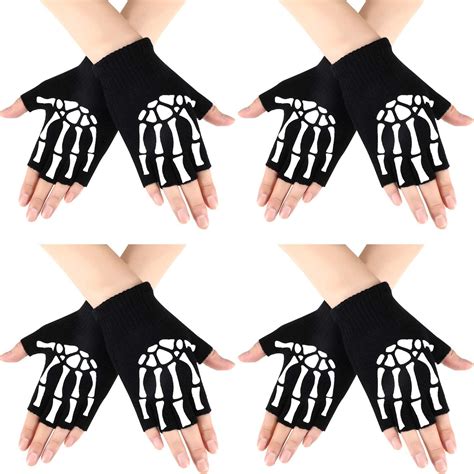 4 Pairs Halloween Skeleton Gloves Half Finger Skeleton