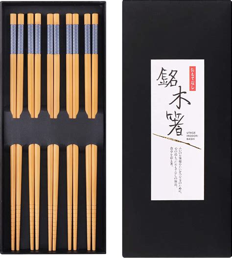 Glamfields Reusable Chopsticks Japanese Natural Bamboo Classic Style 5 Pairs