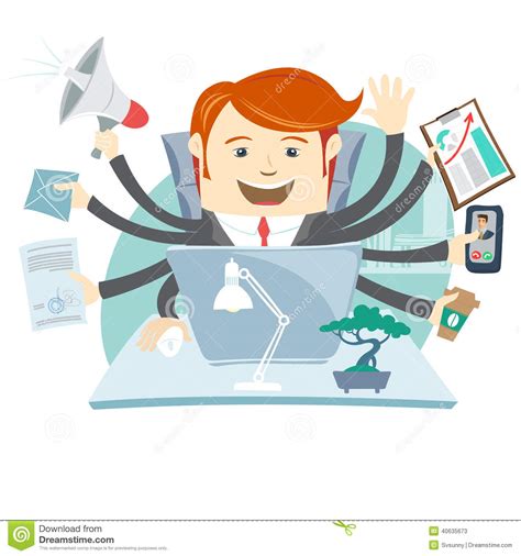 Very Busy Office Man Working Hard By Eight Hands Stock Vector