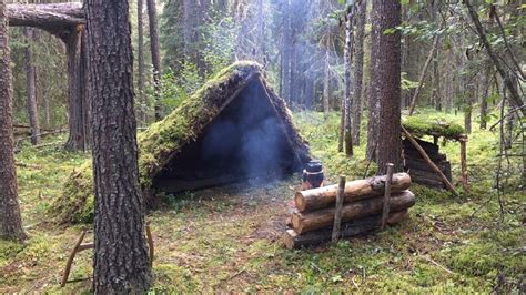 Solo Bushcraft Overnight Moss Shelter Natural Spring Water Firewood