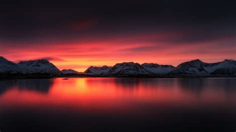 Wallpaper Beautiful Sunset Landscape Lake Red Sky Mountains Snow 1920x1080 Full Hd Picture