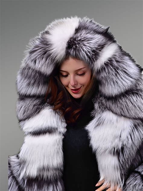 Silver Fox Fur Long Coat For Women