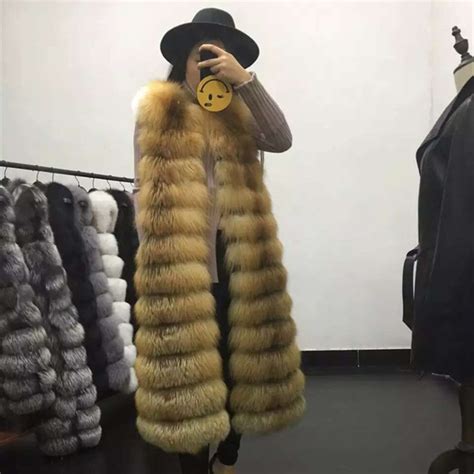 90cm Long Real Fox Fur Vest Luxury Gilet Waistcoat Elegant Fashion