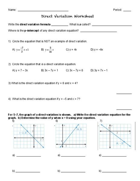 Direct Variation Worksheet Worksheet For 8th 11th Grade Lesson Planet
