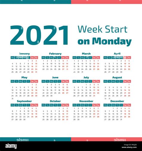 Simple Calendario Del Año 2021 La Semana Comienza En Lunes Imagen Vector De Stock Alamy