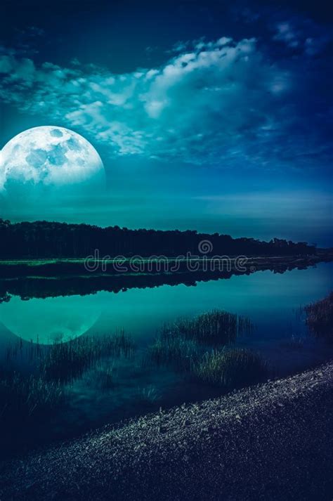 Beautiful Landscape Of Blue Sky With Cloud And Super Moon Above